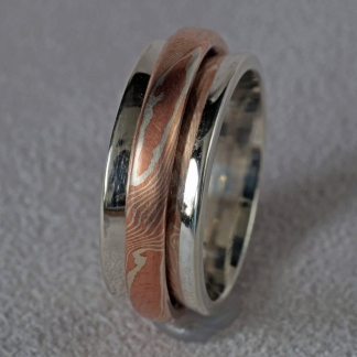 Mokume Gane Fingerring, mit beweglichem Innenring, 2 Ringe in einem aus 925/- Silber und Kupfer