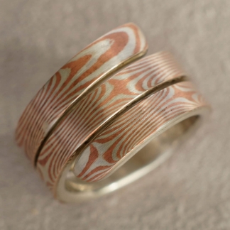 Mokume Gane Fingerring, tordiertes Muster aus 925/- Silber und Kupfer